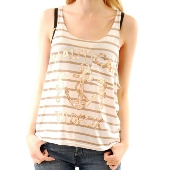 Wildfox Nautical White Gold Striped Tank Top Size S - Picture 1 of 6